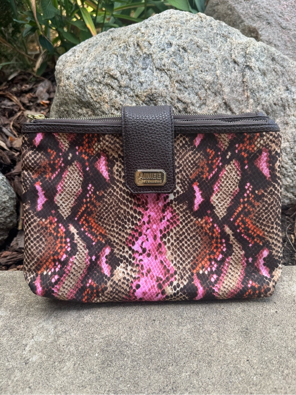 Aimee Kestenberg Brown & Pink Snake-Print Cosmetic Pouch